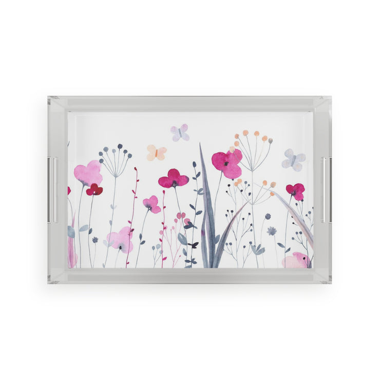 Flowers on Black Background Acrylic Serving Tray