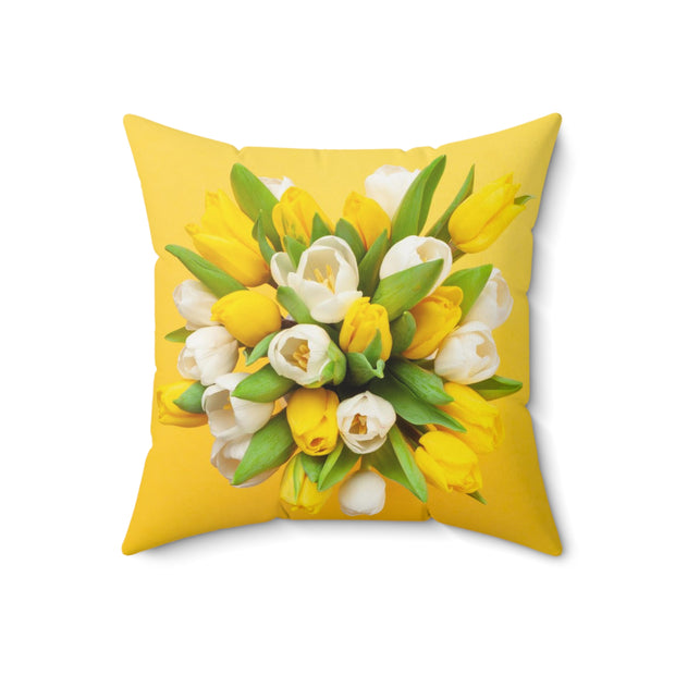 Yellow and White Tulip Spun Polyester Square Pillow